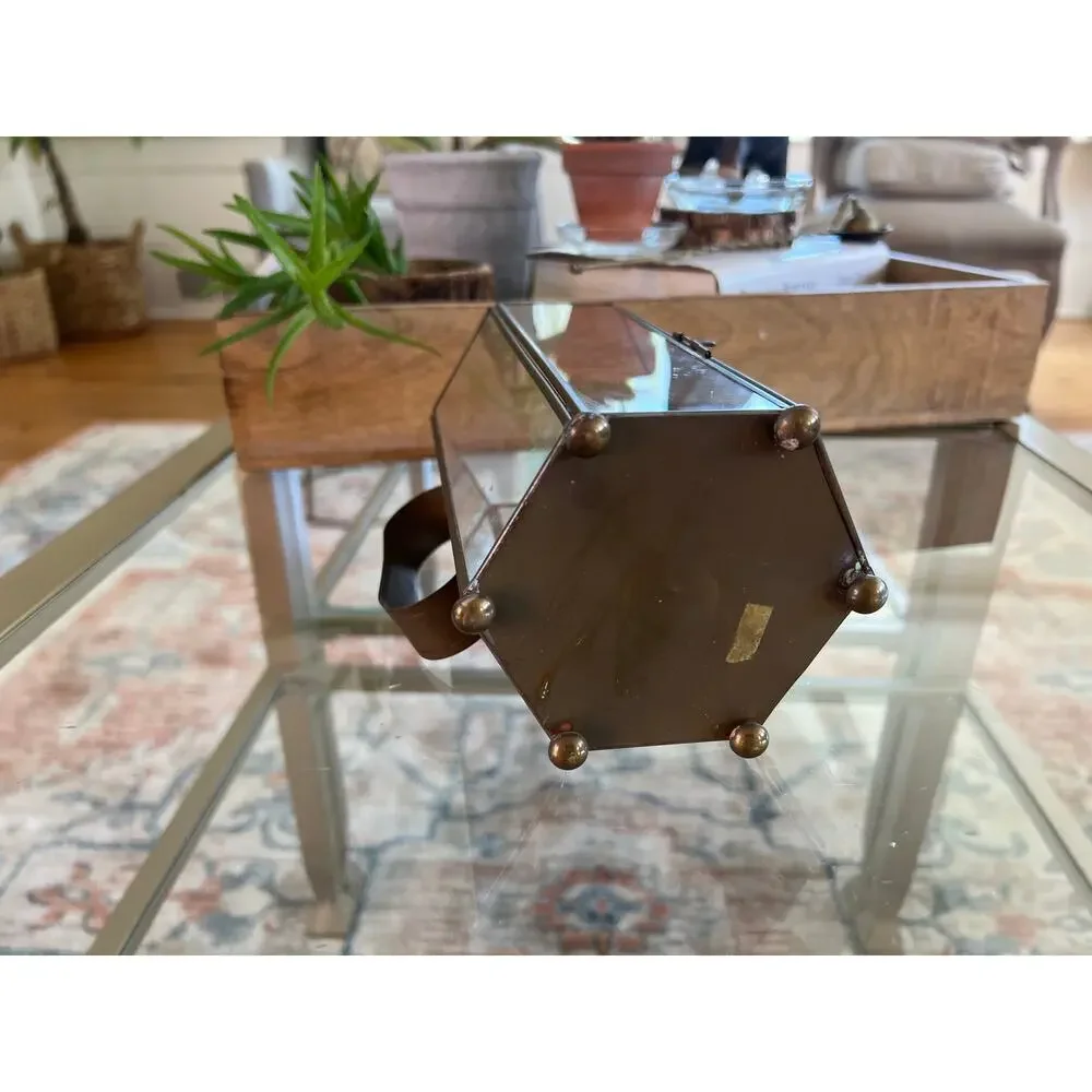 Vintage Brass Glass Encased Candlestick Holder Hexagon Footed Handle Mirrored